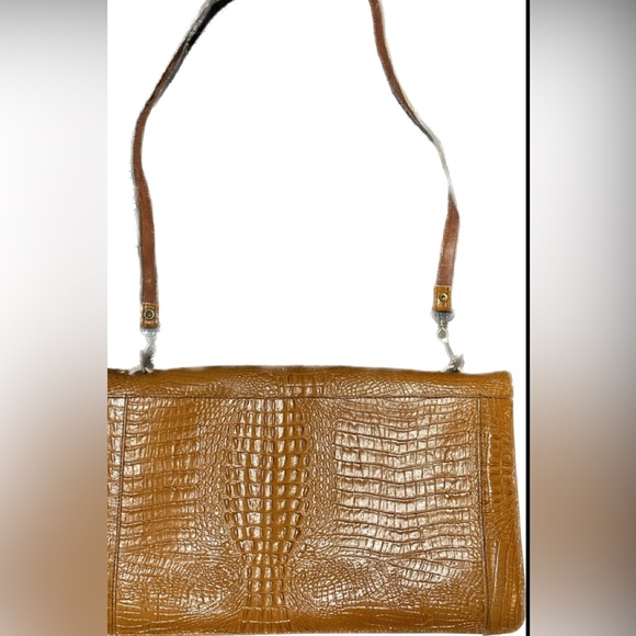 Vintage Cognac Alligator Pattern Leather Satchel Handbag Purse - Picture 2 of 9